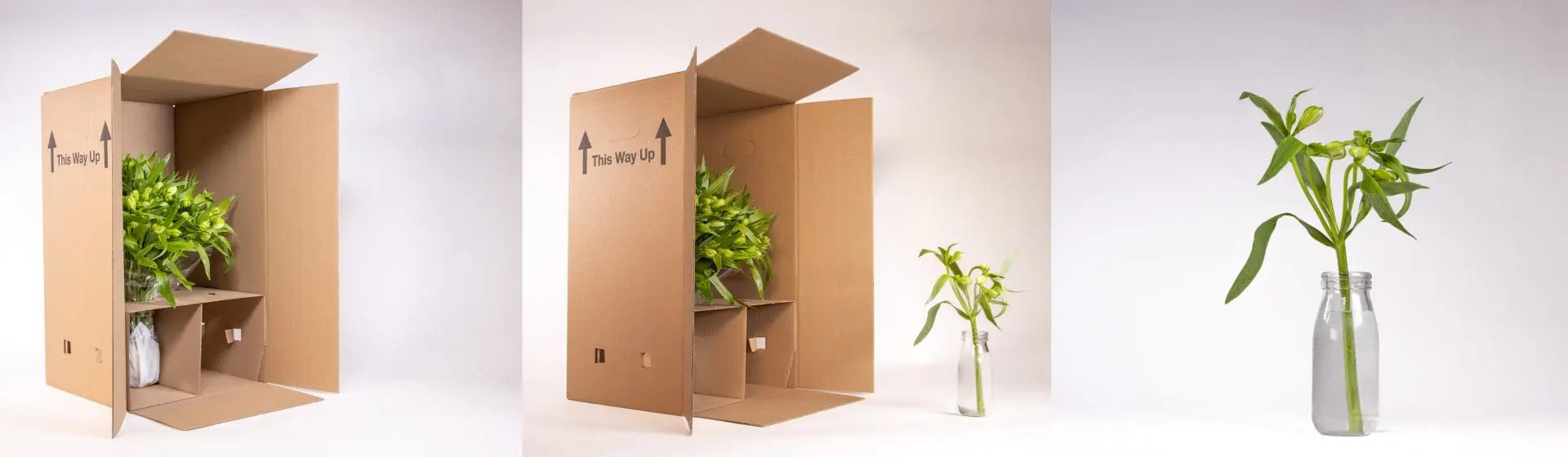 Three images showing how the loose table top flowers arrive in a bunch and are then separated and put into small vases.