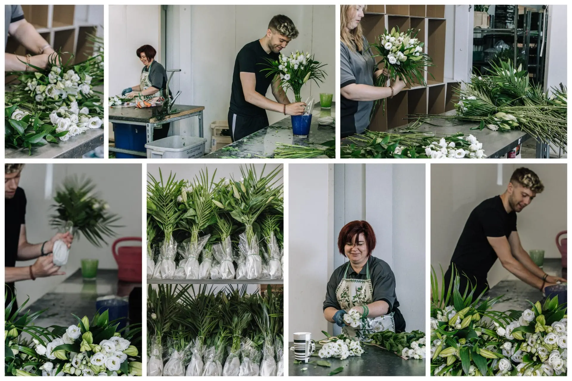 Collage showing the planteria floristry team preparing loose bouquets of flowers to send to a nationwide pub chain