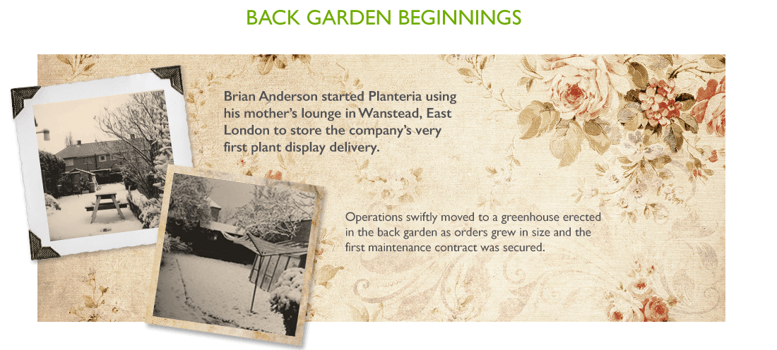 brian anderson started planteria using his mother's lounge in wanstead, east london to store the company's very first plant display delivery. Operations swiftly moved to a greenhouse erected in the back garden as orders grew in side and the first maintenance contract was signed.