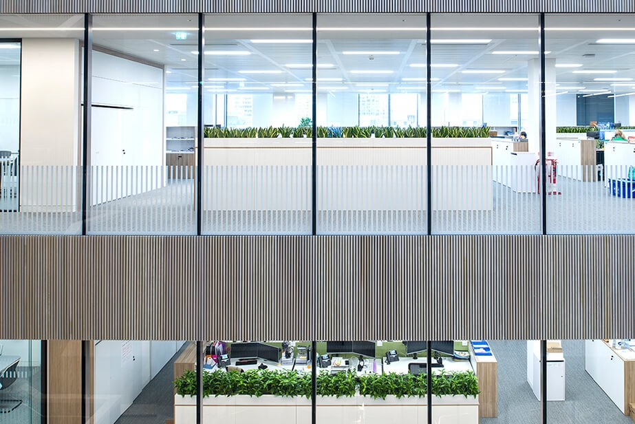 large glass windows with plants in the office