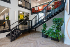 black staircase with planters underneath