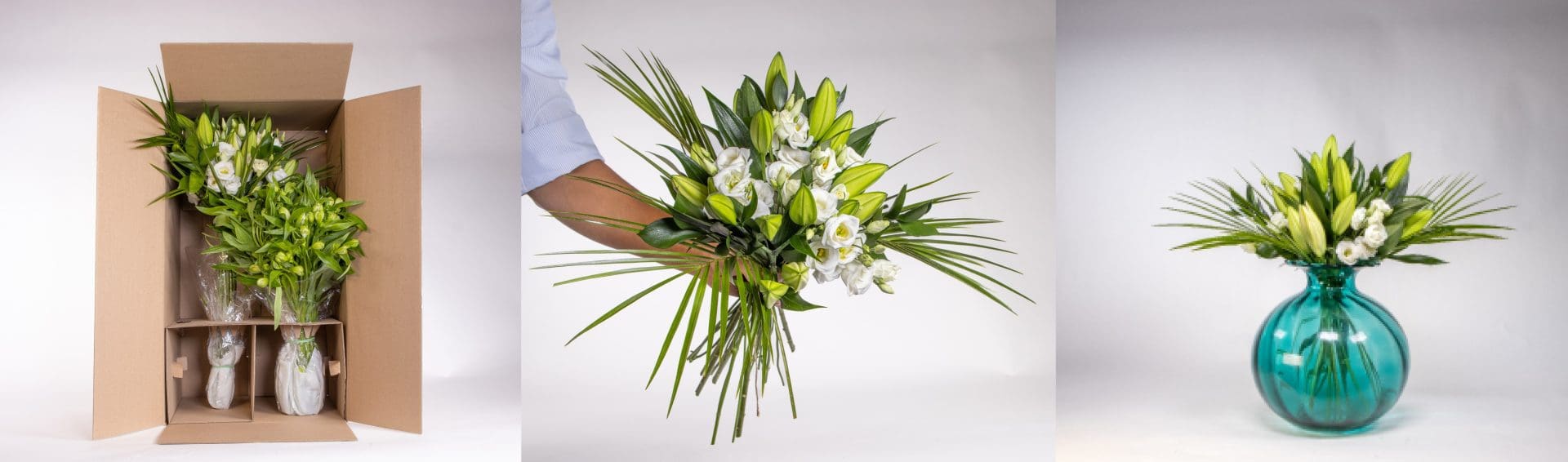 Three images showing how our loose flowers are delivered nationwide in a box and can then be put into your own vase.