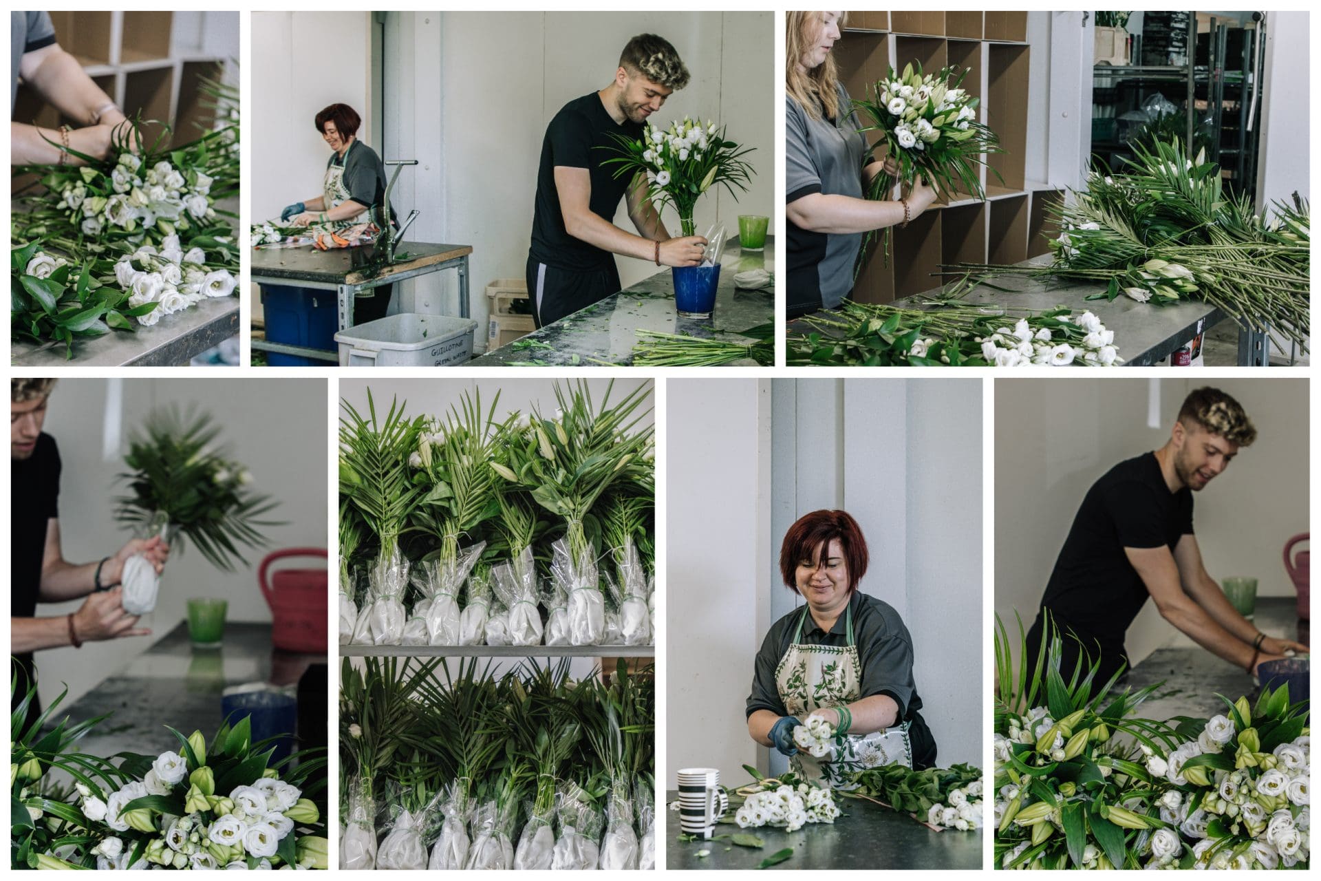 Collage showing the Planteria floristry team preparing loose bouquets of flowers to send to a nationwide pub chain