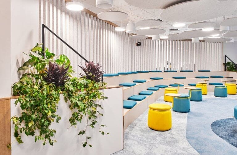 The ee 'toon hall' is an auditorium-style meeting area. Monstera, chamaedorea elegans, cissus rhombifolia, philodendron moonlight and cordyline tango decorate each end.