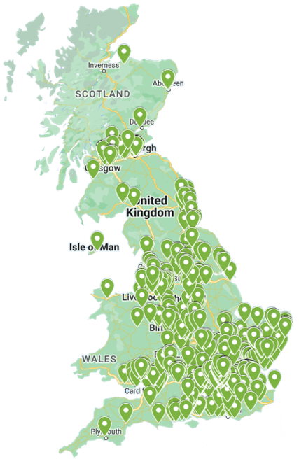 A map of the UK showing many of Planteria locations we maintain plants
