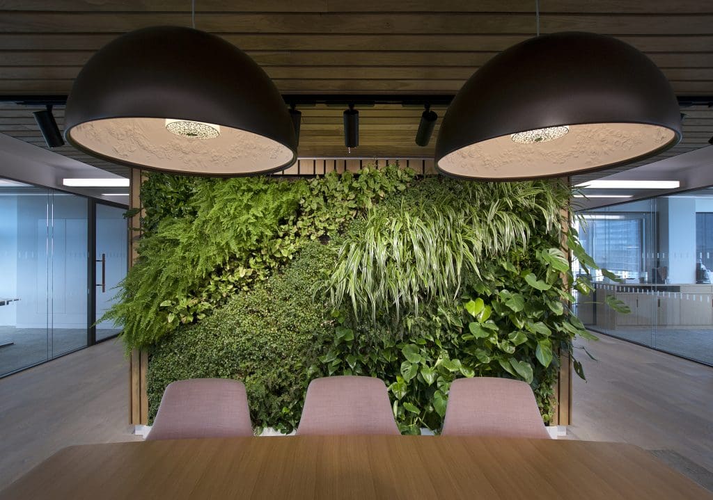 Green wall in an office setting. Ans living green wall with lights and office chairs and table