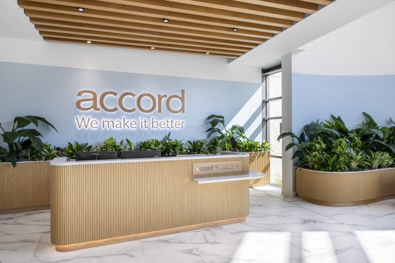A reception desk in a building
