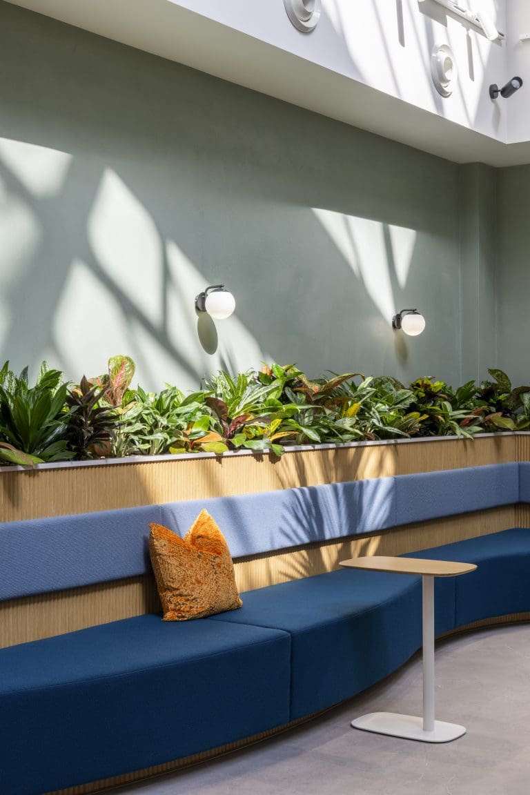 A bench with a pillow and a table in front of a wall with plants