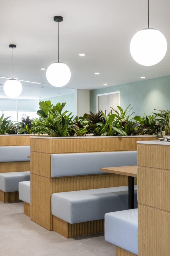 A room with plants and tables
