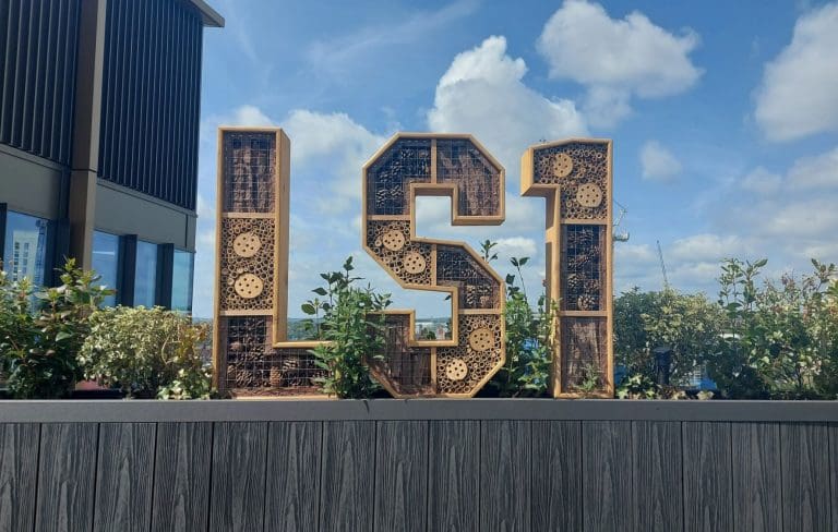 Large insect habitat letters spelling "ls1" mounted on a black planter box on a rooftop terrace, against a blue sky background.