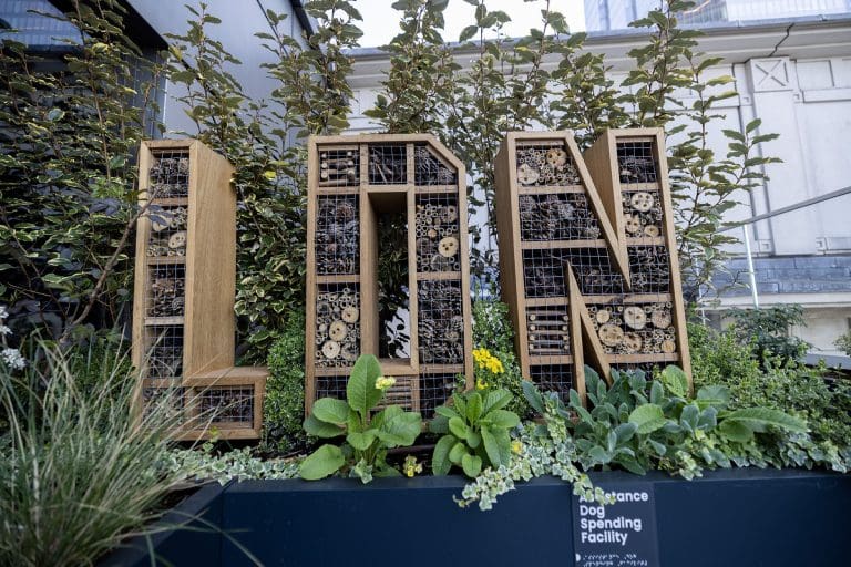 Outdoor installation spelling "lon" in large pollinator habitat letters, each frame filled with natural nesting materials, surrounded by greenery.