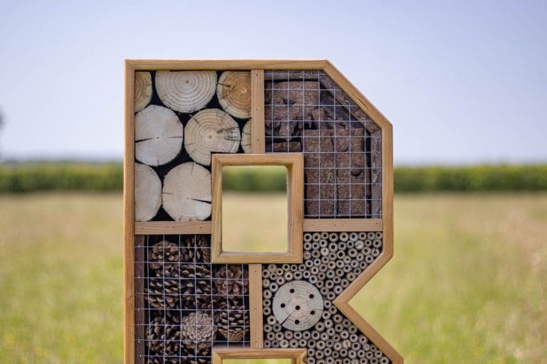 Pollinator habitat letter "r" standing in a field, filled with cross-sectioned logs, drilled wood, and hollow stems.