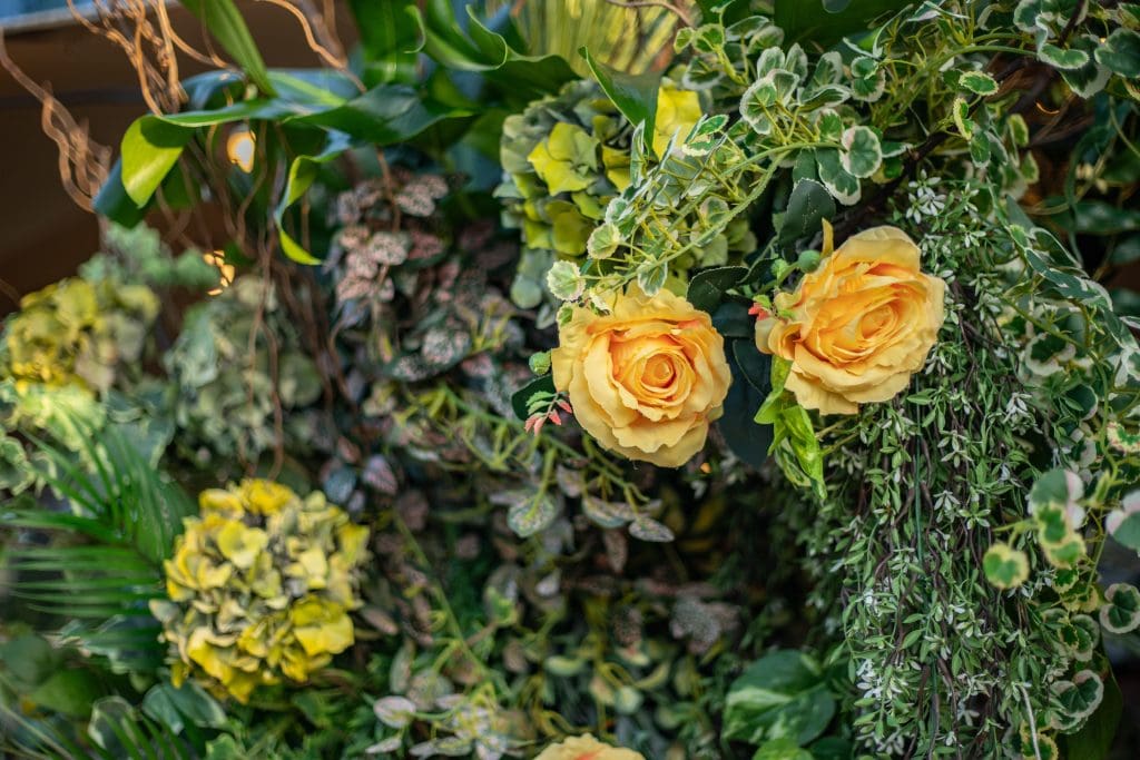 Vertical plant wall with trailing greenery and yellow flowers.