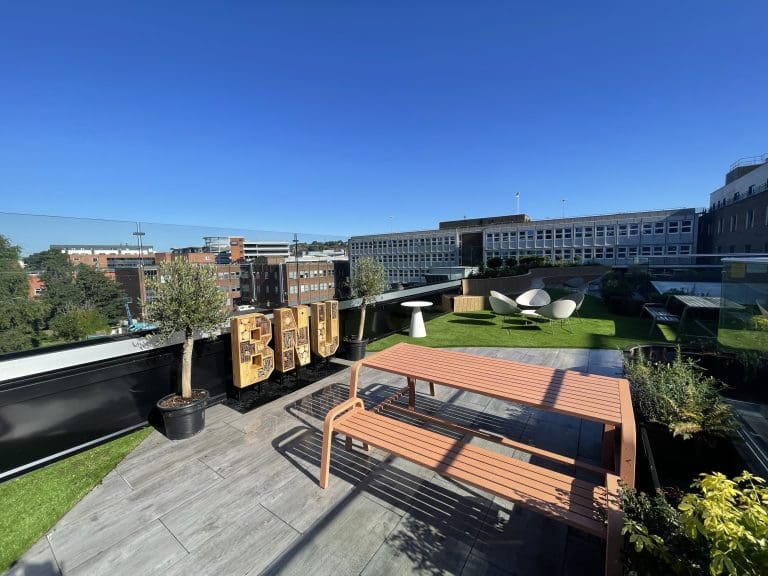 Rooftop garden showing wooden letters spelling "bnu," each letter designed as an insect habitat with multiple cavity types, set against modern buildings.
